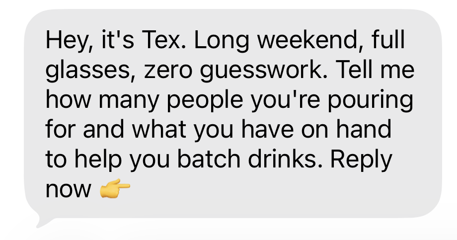 Text-only message from Weber Ranch offering holiday weekend drink batching help