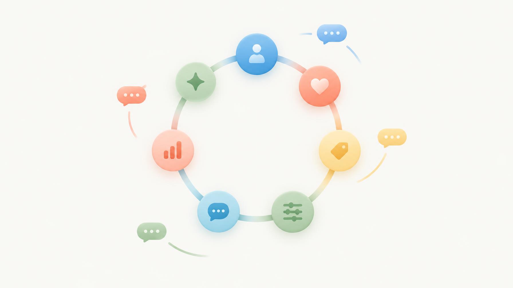 Abstract illustration of a seven-stage personalization loop with message bubbles