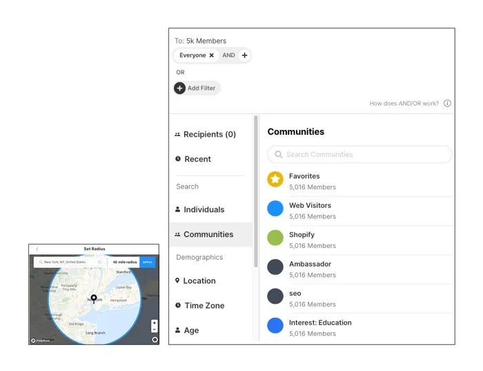 Audience selection with communities, demographics, location radius, and time zone filters