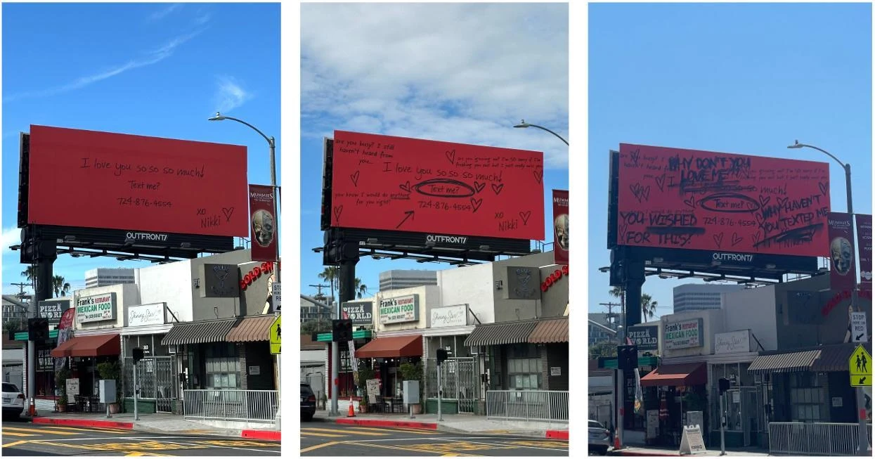 Three billboards showing Nikki's escalating in-world messages over the Obsession text line phone number