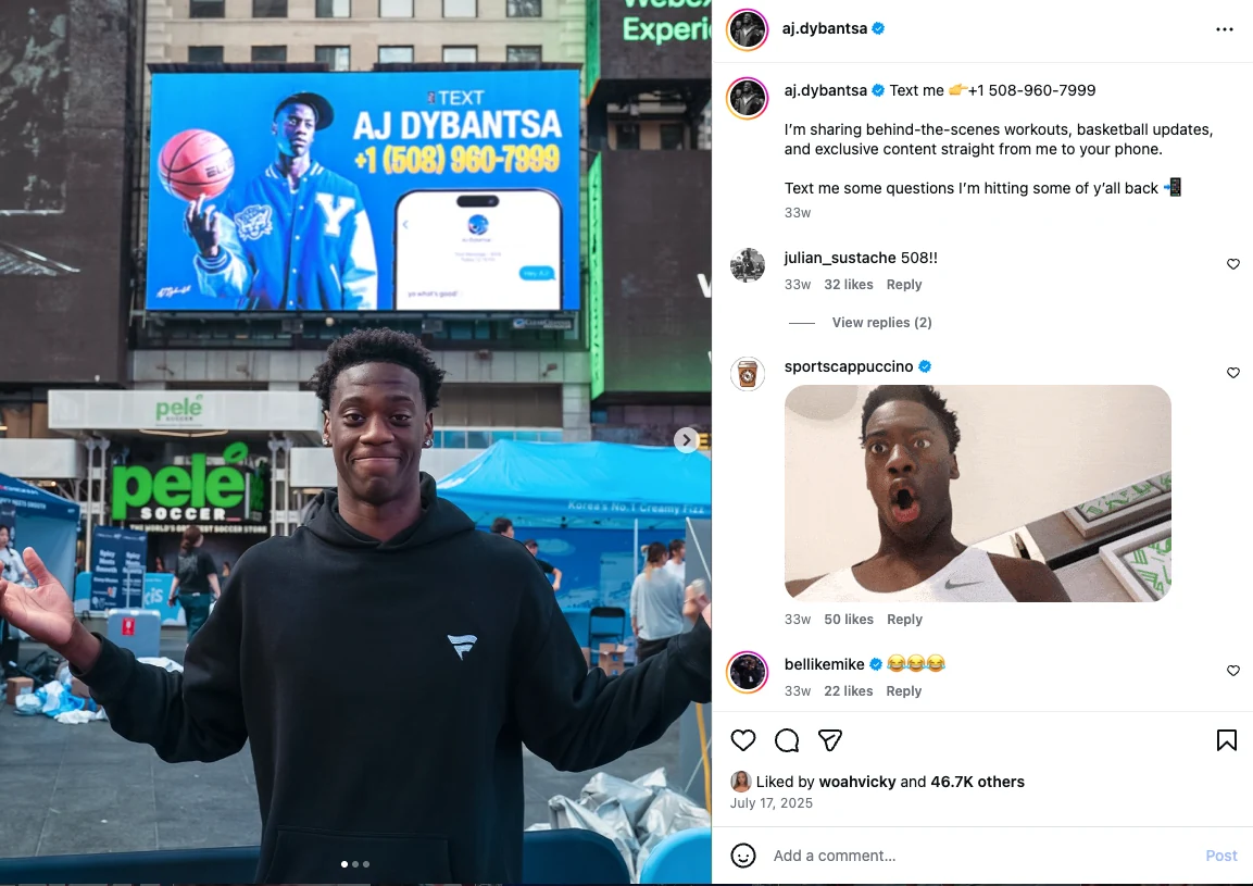 AJ Dybantsa Instagram post inviting fans to text his Community number