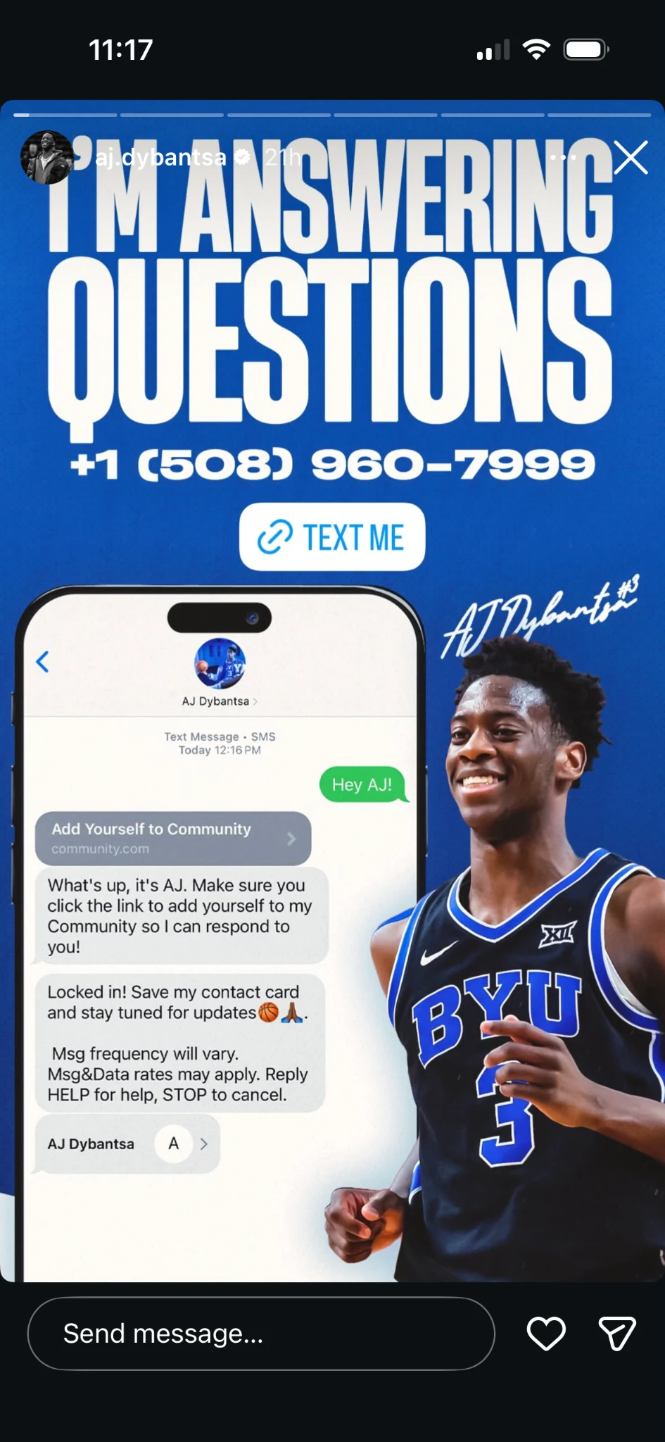 AJ Dybantsa Instagram story promoting a fan Q&A session over text