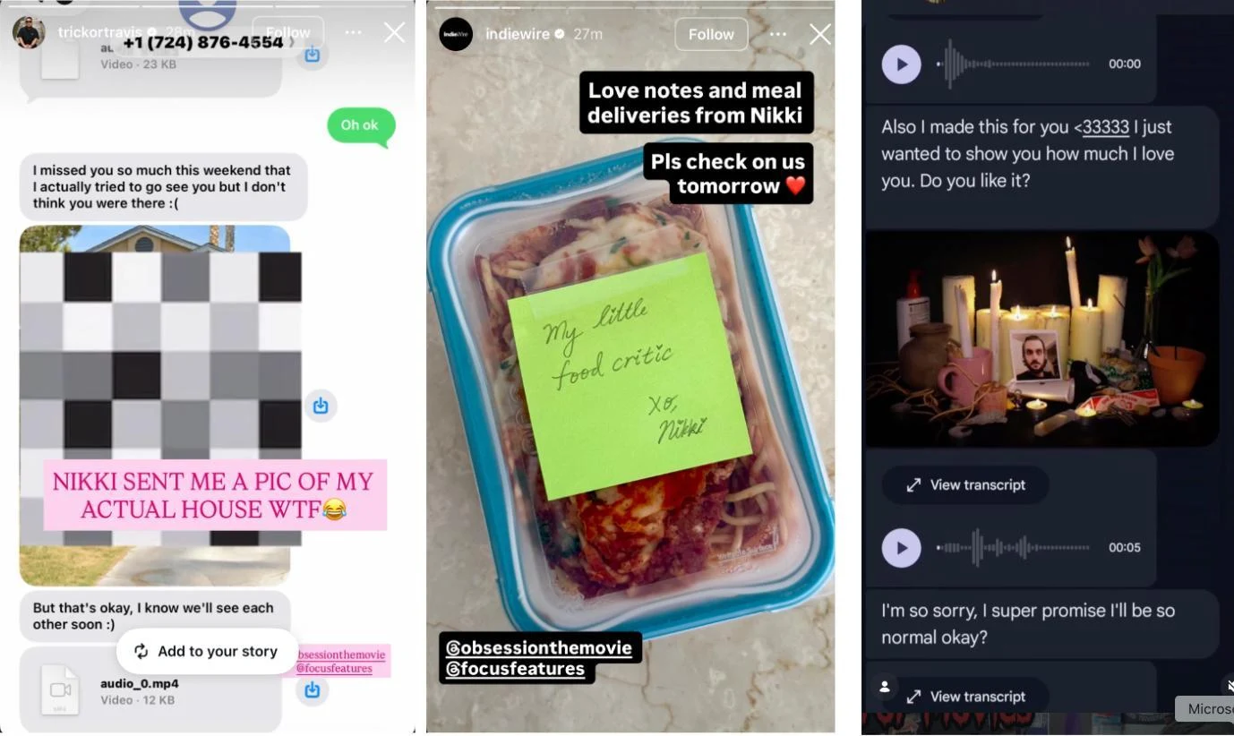 Social posts and screenshots showing in-character texts and voice notes sent from Nikki to press and creators