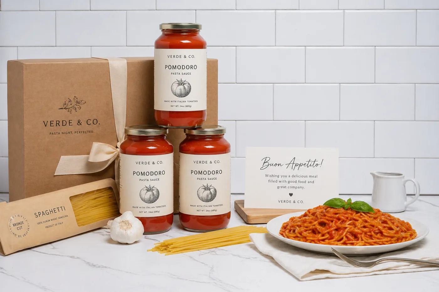 Tealand pasta kit with sauces, spaghetti and a plated bowl