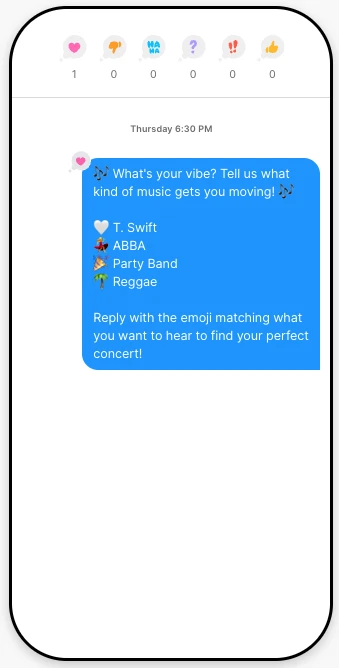 Text message asking members which kind of music gets them moving, with emoji reply options for T. Swift, ABBA, Party Band, and Reggae