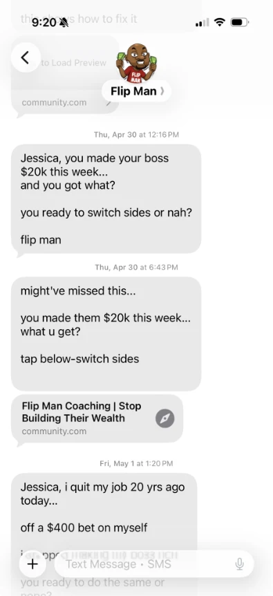 Flip Man automated text campaign messages sent to a member