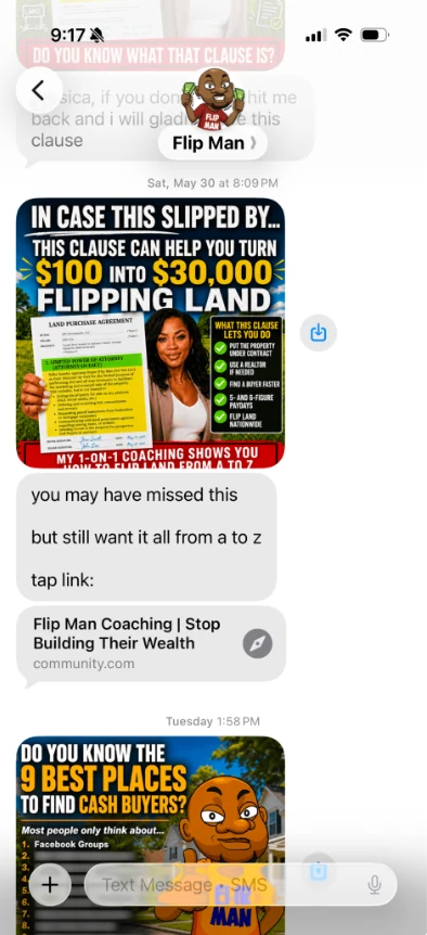 Flip Man text campaign featuring a land flipping coaching graphic
