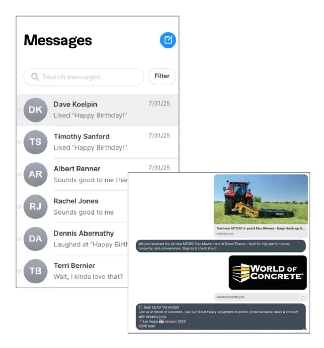 Unified messaging inbox with conversation list and rich media replies