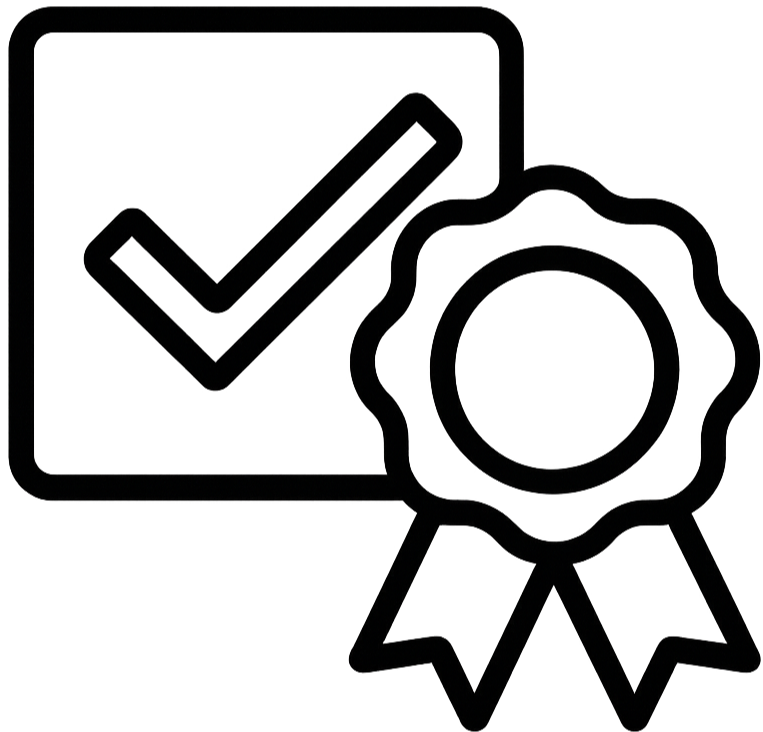 black outline style icon matching other icons in the gallery with a checkmark and a badge representing compliance-1-1