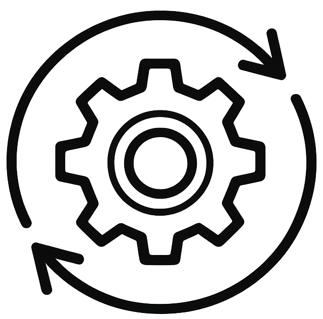 black outline style icon matching other icons in the library Depicts one gear surrounded by two curved arrows forming a cycle-1