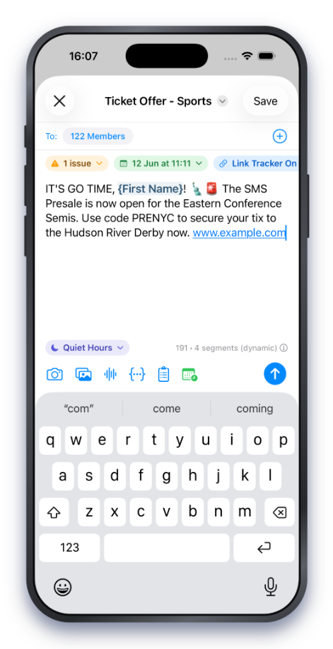 Full-size campaign compose screen on iOS 26
